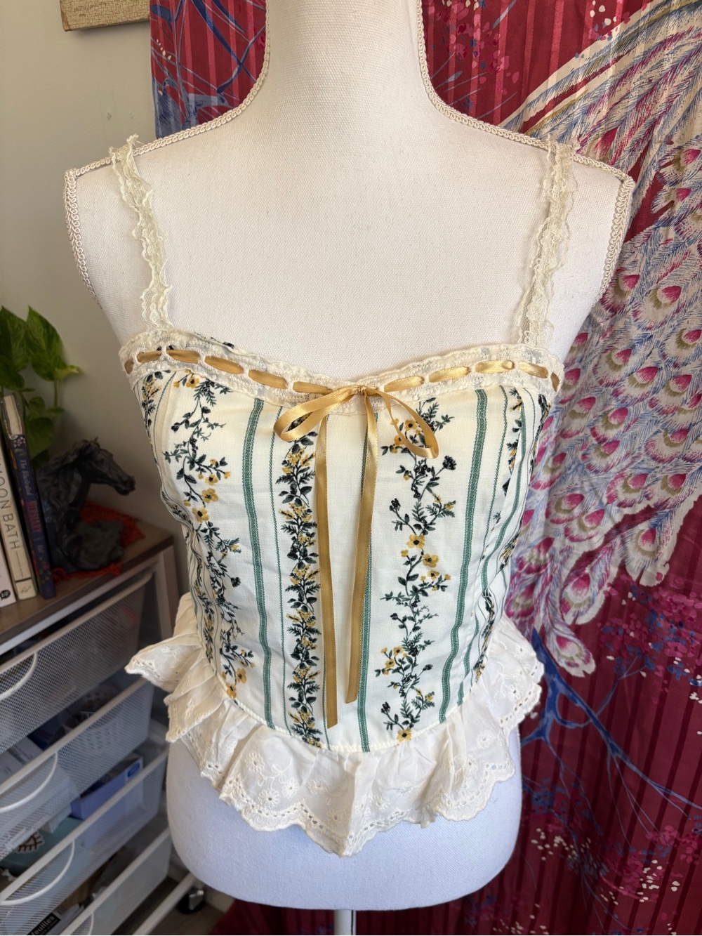 NWT Cream Floral Lace-Trim Camisole with Yellow Ribbon